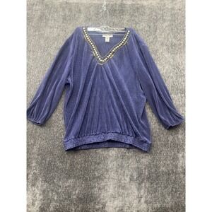 Cathy Daniel's Ribbed Blouse Womens 1X Navy Blue Preppy 3/4 Sleeve Beaded V-Neck